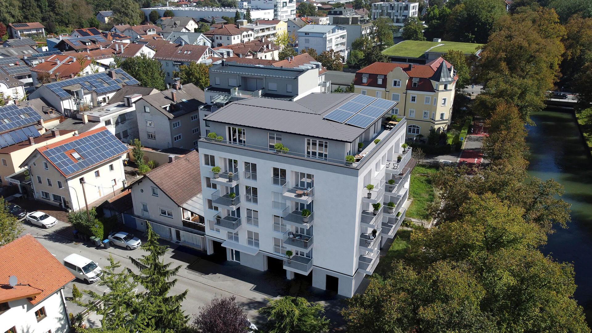 Architektur-Visualisierung Flussquartier aus der Vogelperspektive