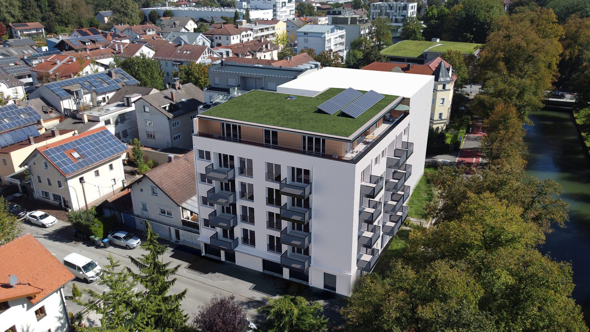 Architektur-Visualisierung Flussquartier aus der Vogelperspektive